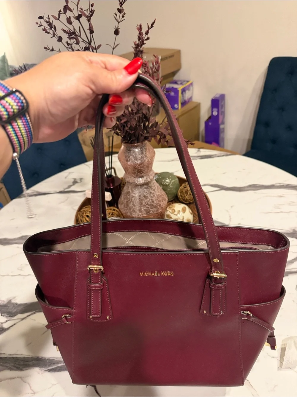 Michael Kors Burgundy Saffiano Leather Tote with Gold Hardware